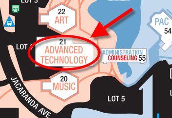 location of Technology Center on-campus indicated by a screenshot of a portion of the VVC campus map